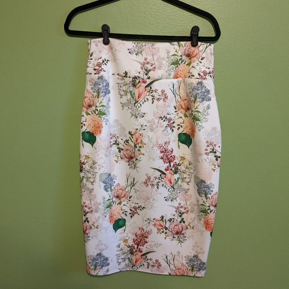 Floral Pencil Skirt - White with Pastel Floral Print
